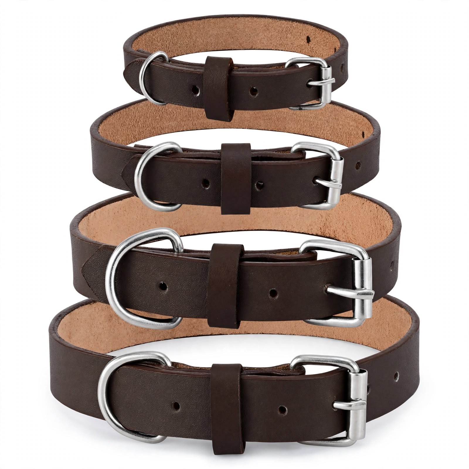 Dark Brown Leather Belt Pack of 4 - D-Ring Belt - Fashion Belt - Dog Collar Style Belt - 1.5 Inch Wide