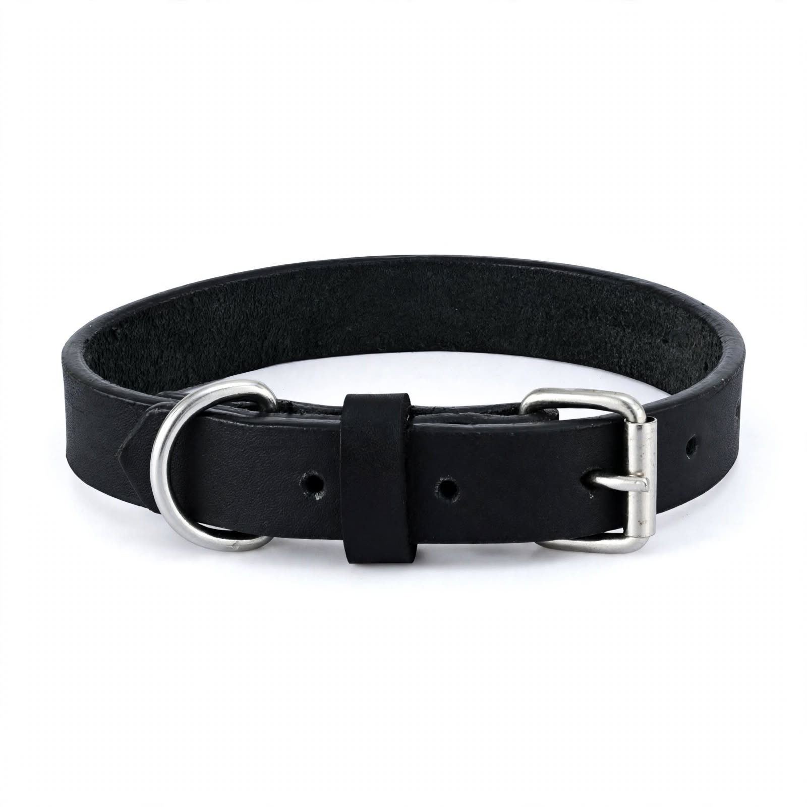 Black Leather Belt with D-Ring - 4 Pcs Set Dog Collar Style - Heavy Duty Fashion Belt with Silver Buckle