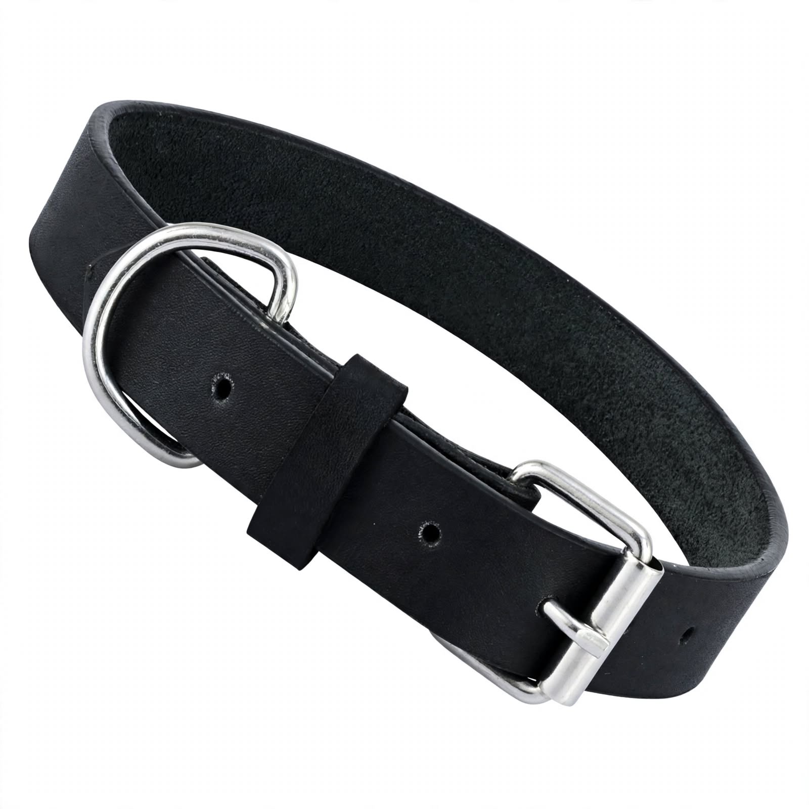 Black Leather Belt with D-Ring - 4 Pcs Set Dog Collar Style - Heavy Duty Fashion Belt with Silver Buckle