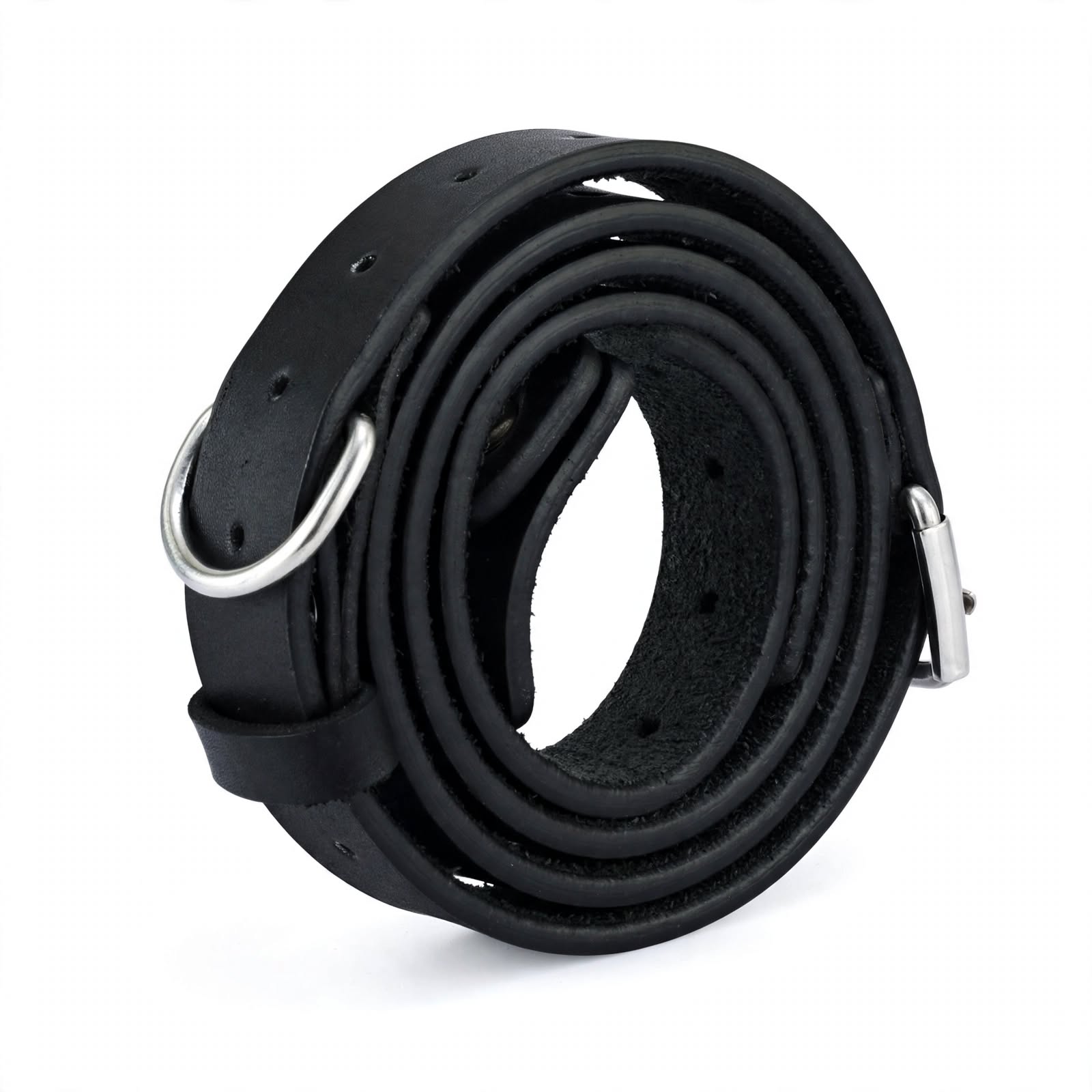 Black Leather Belt with D-Ring - 4 Pcs Set Dog Collar Style - Heavy Duty Fashion Belt with Silver Buckle