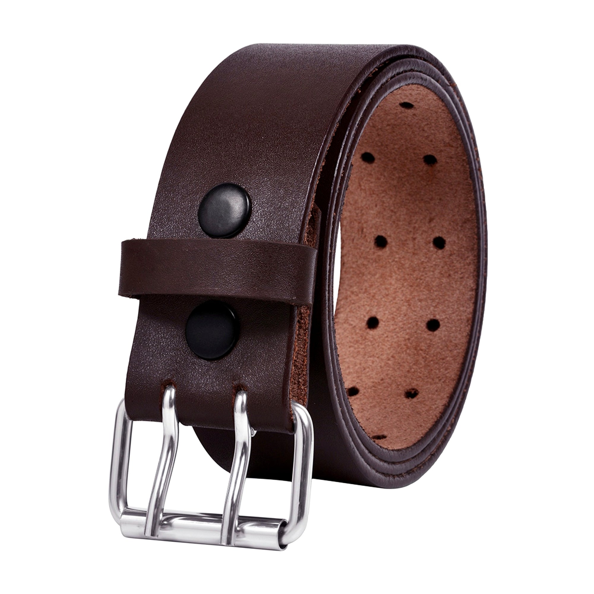 Men's Leather Belt Dark Brown - Double Pin Buckle Belt - 1.5 Inch Wide Casual Belt for Jeans - Vintage Workwear Belt