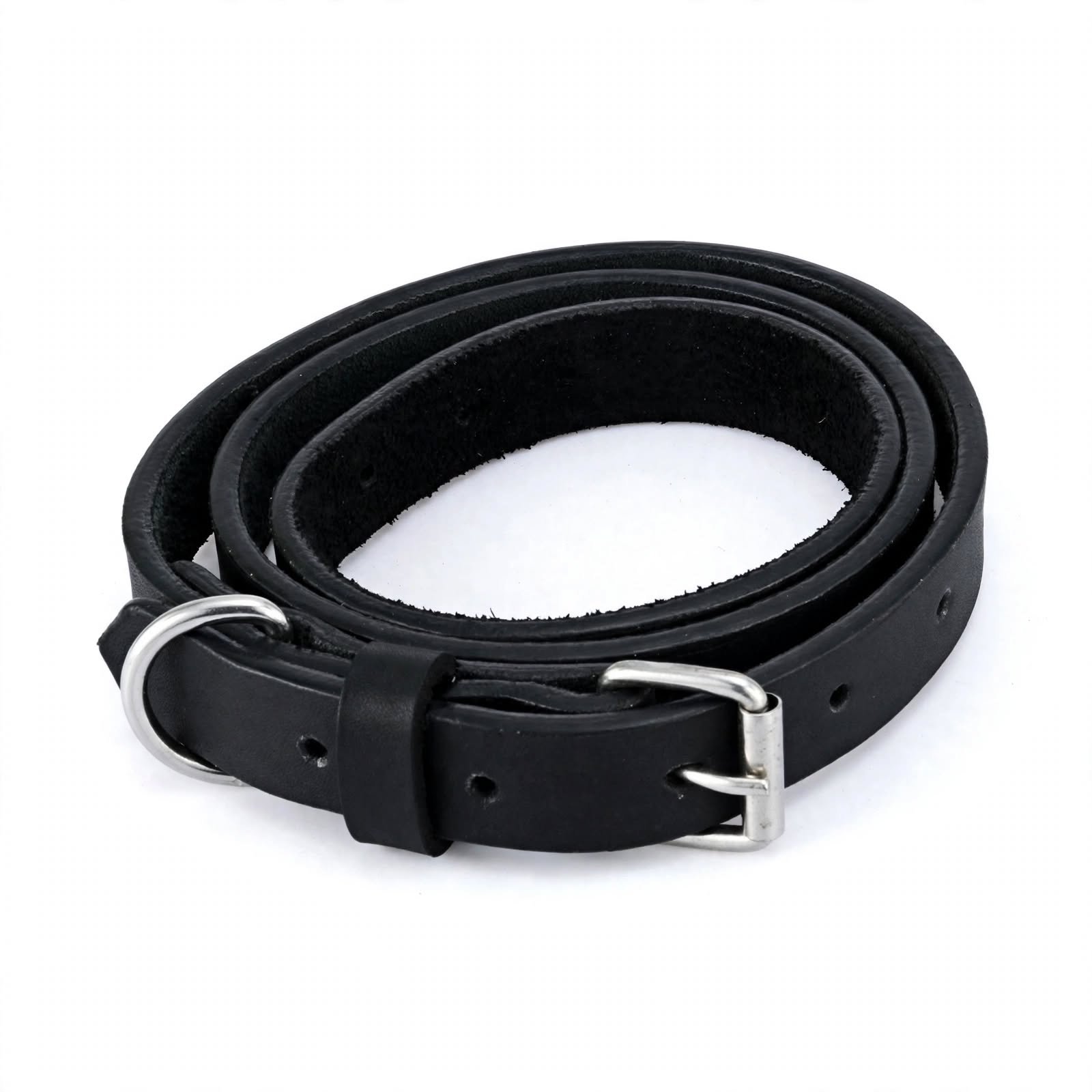 Black Leather Belt with D-Ring - 4 Pcs Set Dog Collar Style - Heavy Duty Fashion Belt with Silver Buckle