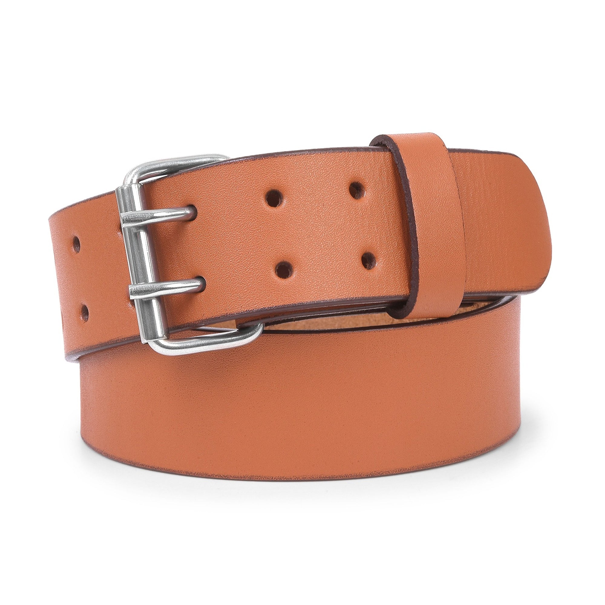 Men's Tan Leather Belt Double Prong - 1.5 Inch Wide Casual Belt for Jeans - Vintage Brown Work Belt with Silver Buckle
