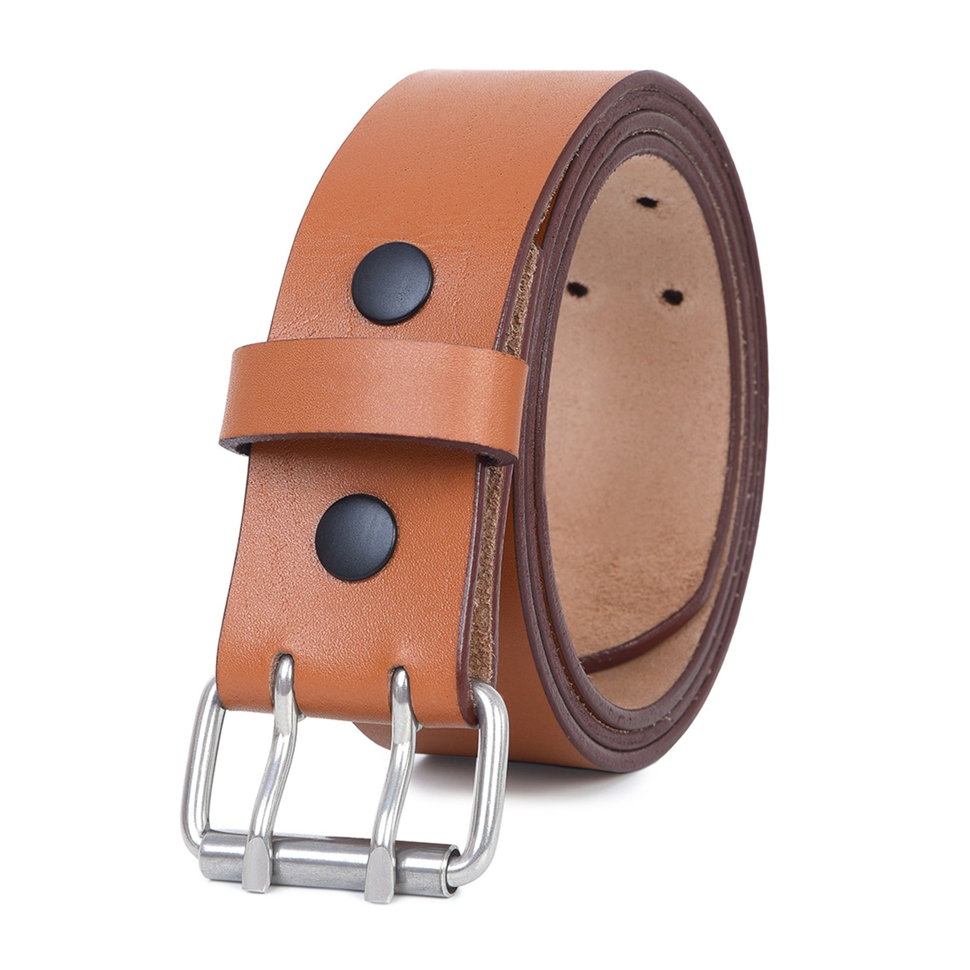 Men's Tan Leather Belt Double Prong - 1.5 Inch Wide Casual Belt for Jeans - Vintage Brown Work Belt with Silver Buckle