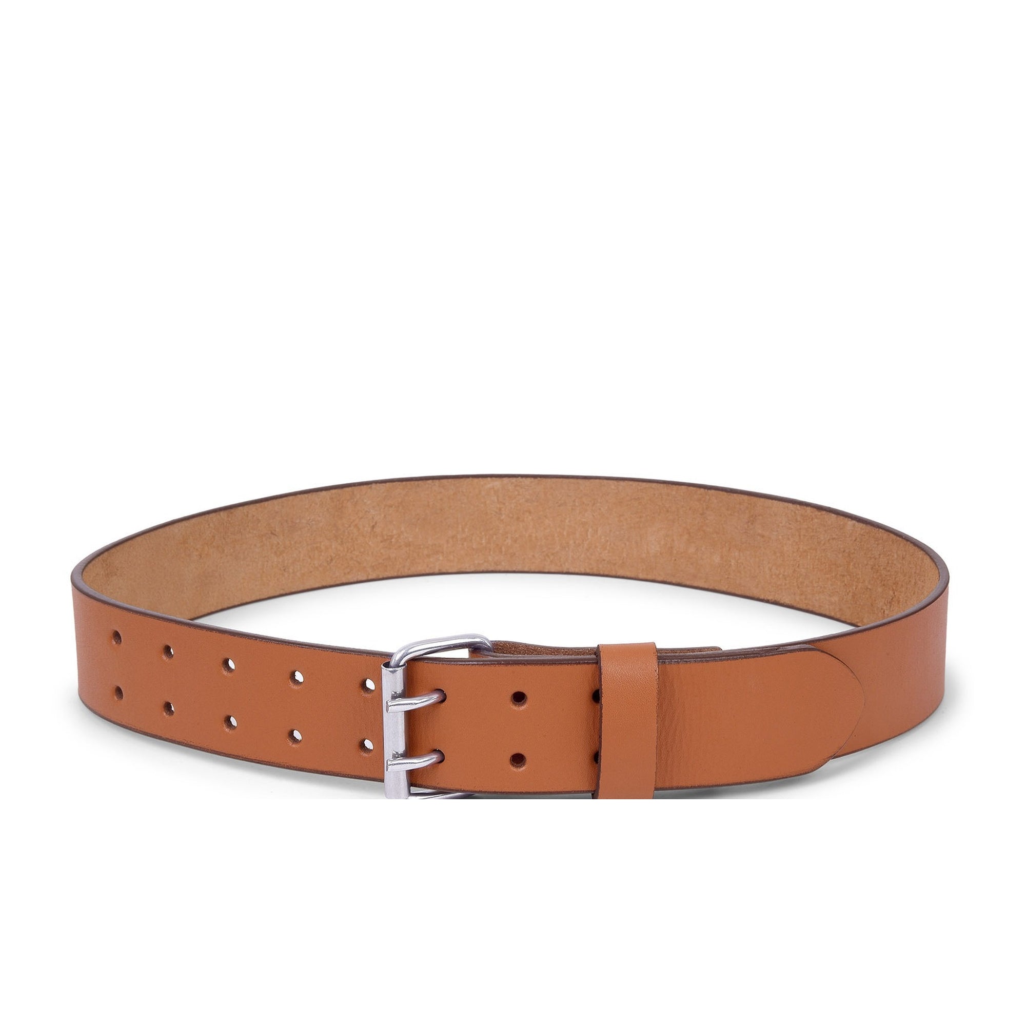 Men's Tan Leather Belt Double Prong - 1.5 Inch Wide Casual Belt for Jeans - Vintage Brown Work Belt with Silver Buckle